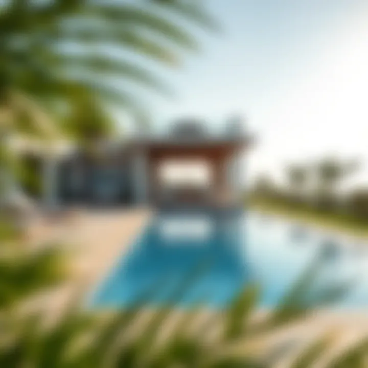 Swimming pool area of a villa in Hayyan surrounded by lush landscaping