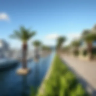 Serene waterfront promenade lined with palm trees and leisure facilities at Wyndham Marina