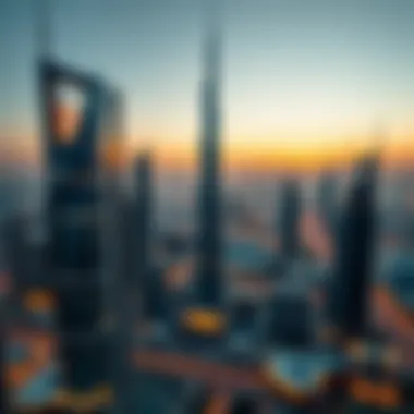 Aerial view of Falcon Tower within the Dubai skyline at sunset