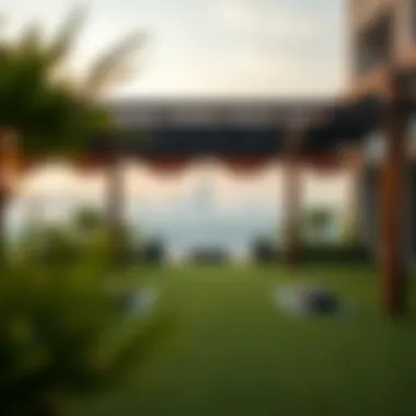 Serene outdoor yoga space with scenic city views