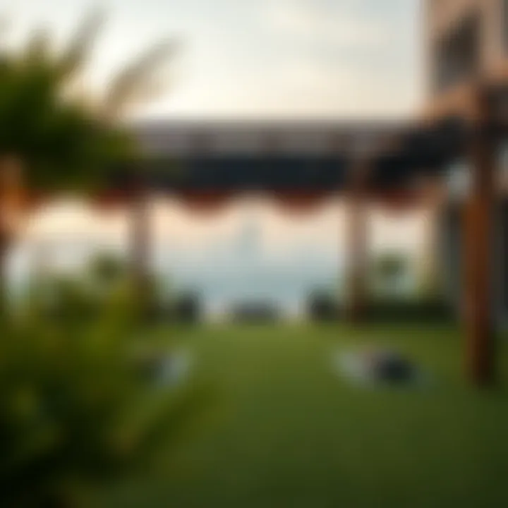 Serene outdoor yoga space with scenic city views