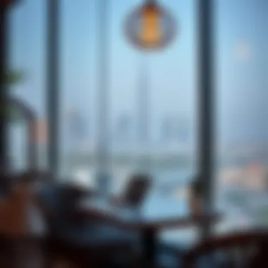 Café Life in Dubai Freelancer working on a laptop in a cozy cafe with a view of the Burj Khalifa