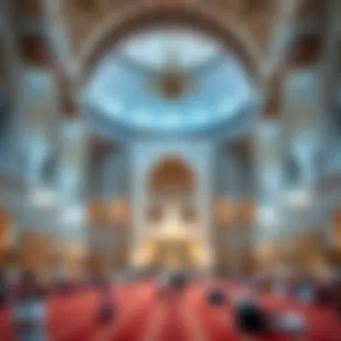 Interior view of a grand mosque during Friday prayers