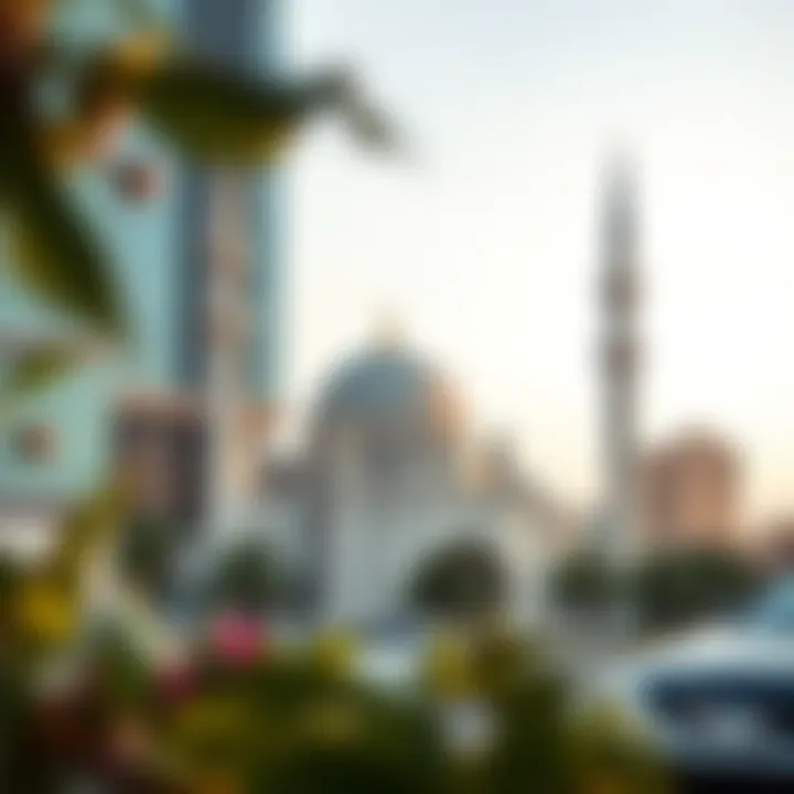 Exterior of a mosque surrounded by the urban landscape