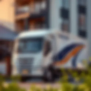 A professional moving truck parked outside a modern apartment