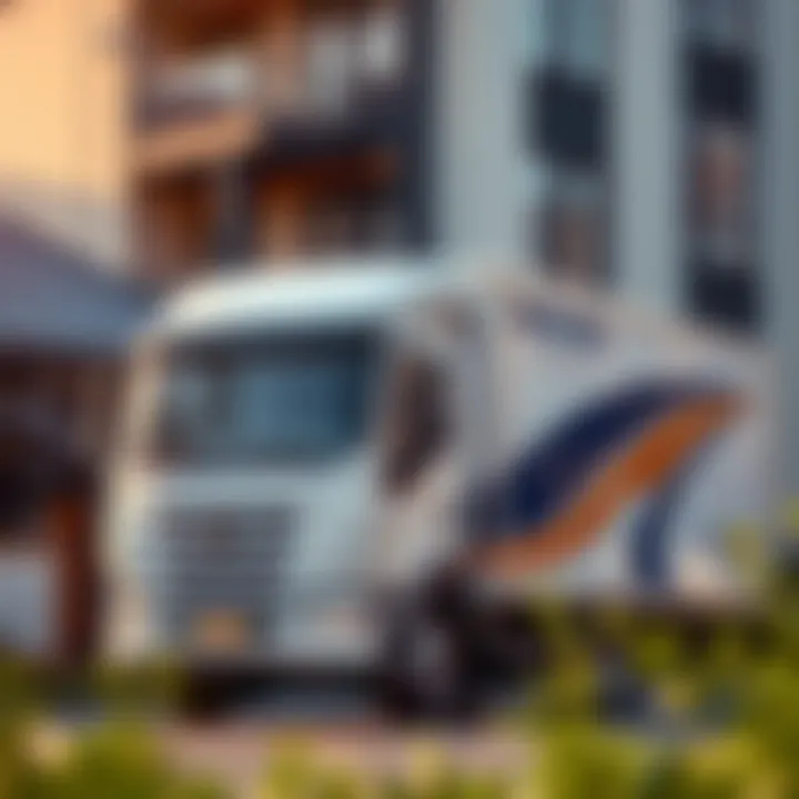 A professional moving truck parked outside a modern apartment