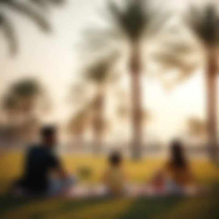 Family enjoying a picnic under the palm trees at Mamzar Park Beach, highlighting recreational areas