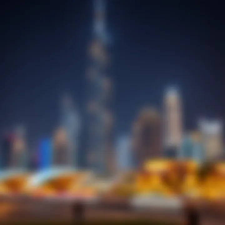 Illuminated Millennium Tower Against Dubai Skyline Night view of Millennium Tower illuminated against the Dubai skyline