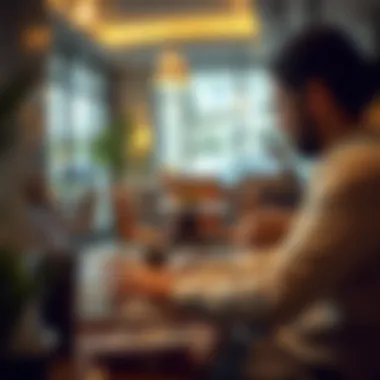 Job Opportunities in Focus An expatriate reviewing job offers on a laptop in a cozy coffee shop.