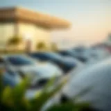 A panoramic view of Dubai showcasing luxury cars