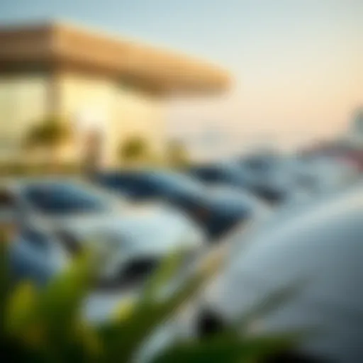 A panoramic view of Dubai showcasing luxury cars