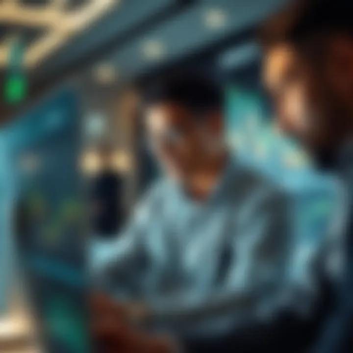 Analyzing Market Trends Investors analyzing market trends on a digital screen.