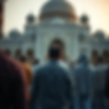 Group of individuals engaged in prayer outside a mosque
