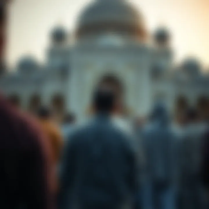 Group of individuals engaged in prayer outside a mosque