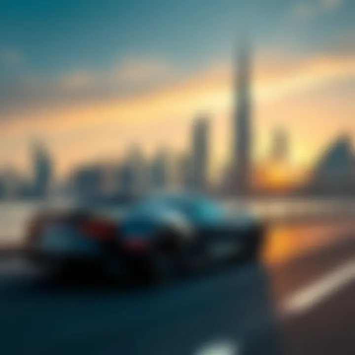 A luxurious Bugatti cruising along the iconic Dubai skyline
