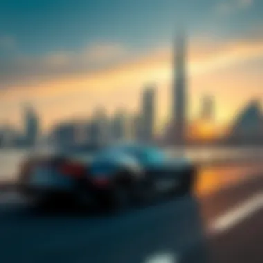 Cruising in Style: Bugatti Against the Dubai Skyline A luxurious Bugatti cruising along the iconic Dubai skyline