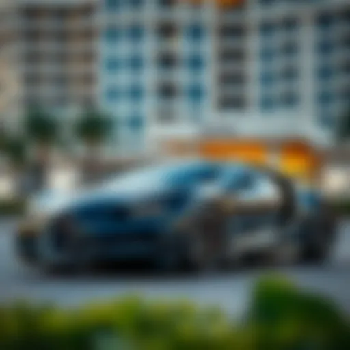 A stunning view of a Bugatti parked in front of a luxury hotel in Dubai