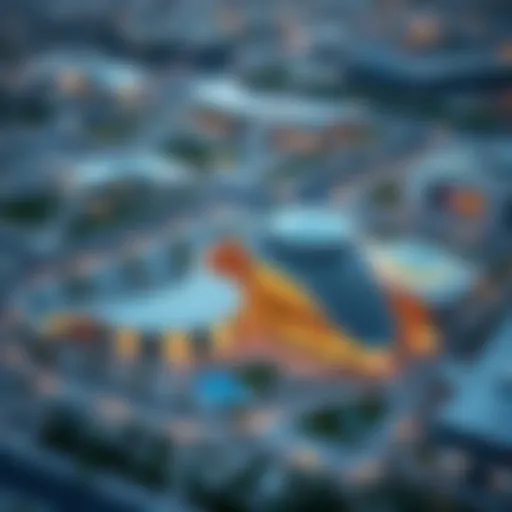 Aerial view of a modern business park in Dubai showcasing innovative architecture