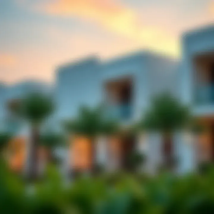 Modern architectural details of residential units in the development