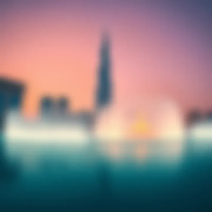 A panoramic view of the Dubai Fountain with the Burj Khalifa in the background
