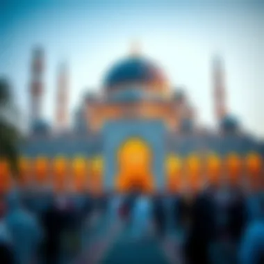 Exterior view of a mosque bustling with attendees
