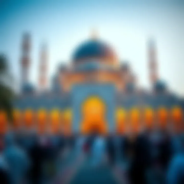 Exterior view of a mosque bustling with attendees