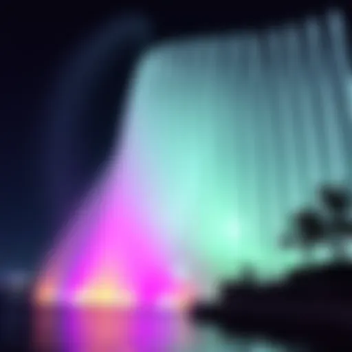 A breathtaking view of the Dubai Fountain illuminated at night