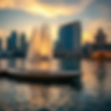 Serene Sunset at Dubai Fountain Area A serene sunset view of the Dubai Fountain area with reflections in the water