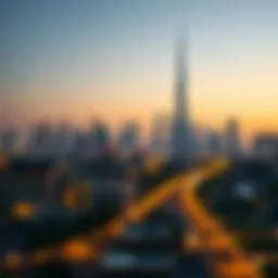 The skyline of Dubai illuminated at dawn