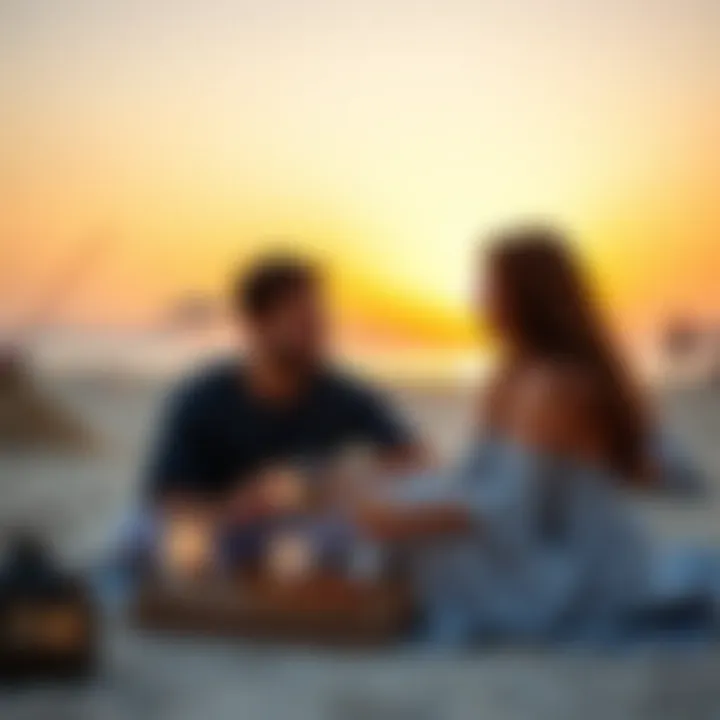Couple enjoying a serene beach picnic at sunset in Dubai