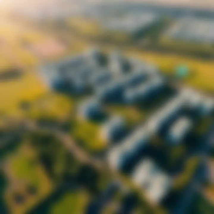 An aerial shot of Woodland Dubai featuring residential complexes amidst green spaces